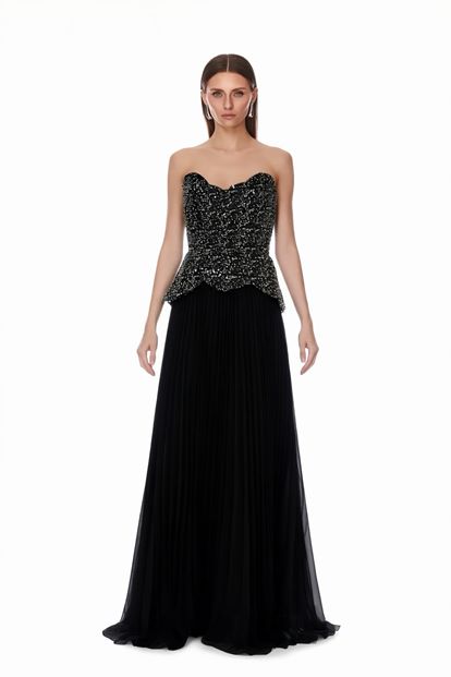 Siyah Gümüş Payetli Peplum Detaylı Abiye Elbise